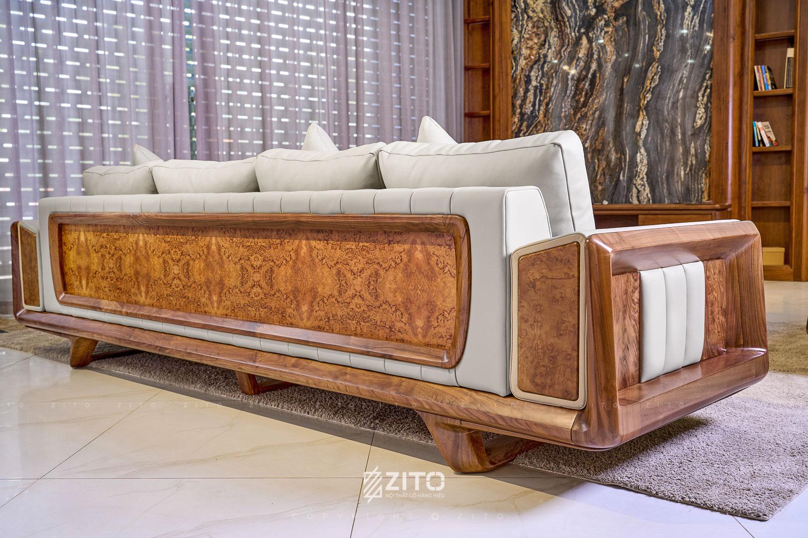 Thiết kế lưng và tay sofa ZG 190 tinh xảo với vân gỗ óc chó độc bản, tôn vinh giá trị thủ công và sự sang trọng tuyệt đối